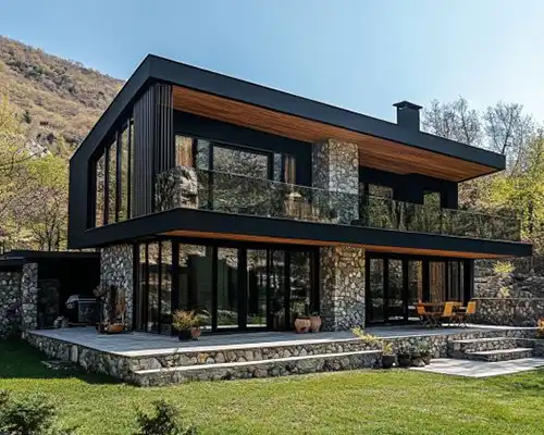 نمای تلفیقی از سنگ و چوب و آجر